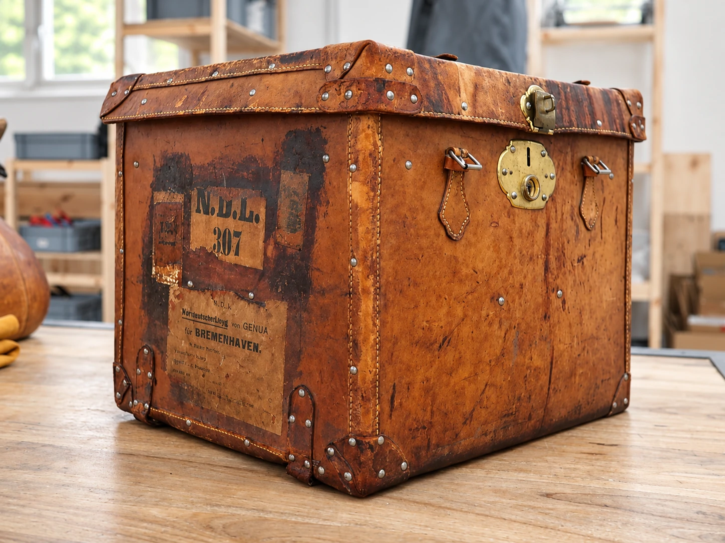 Historic leather travel trunk with patina and brass fittings on the workbench