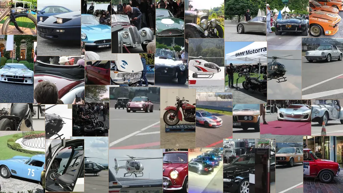 Fotocollage aus 36 Aufnahmen von Oldtimern, Automobilen, Motorrädern, Luftfahrt und Veranstaltungen